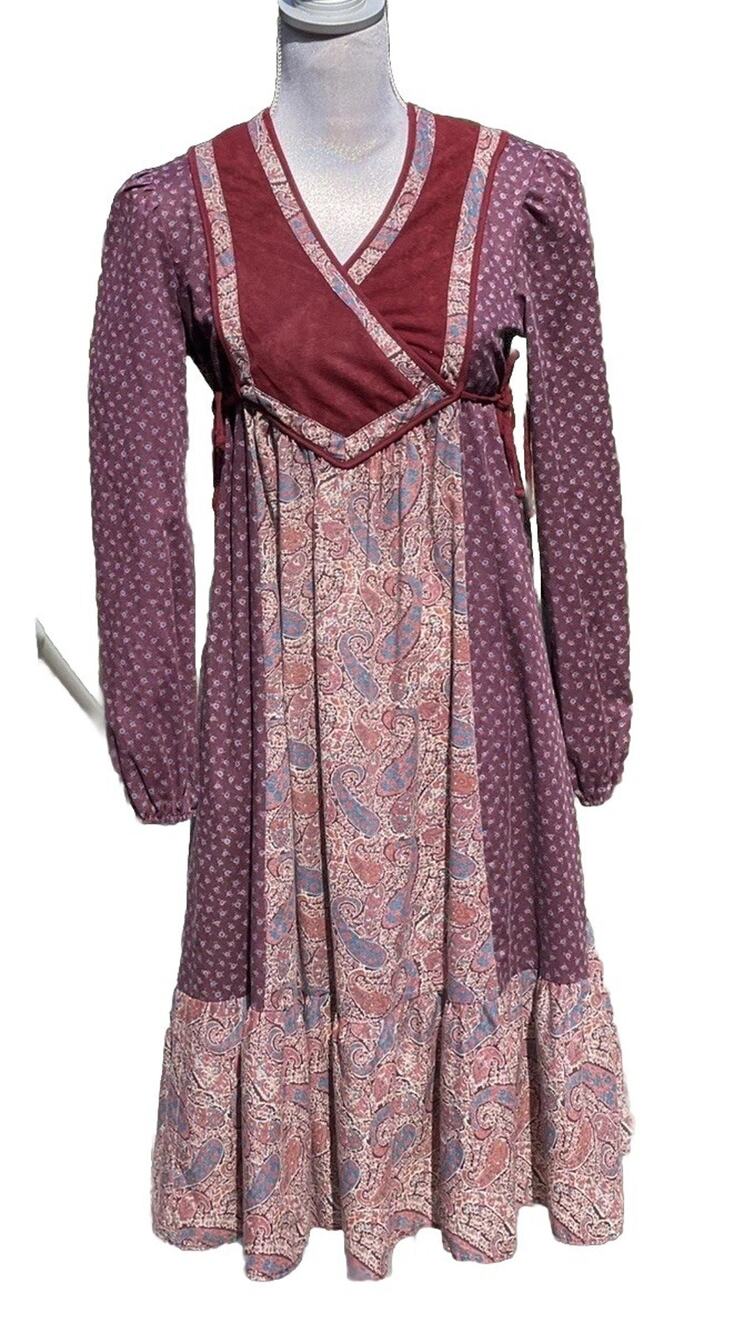 Vintage 70s Maroon Mixed Print Midi Dress Velveteen Corset Prairie Size 7 Jrs XS
